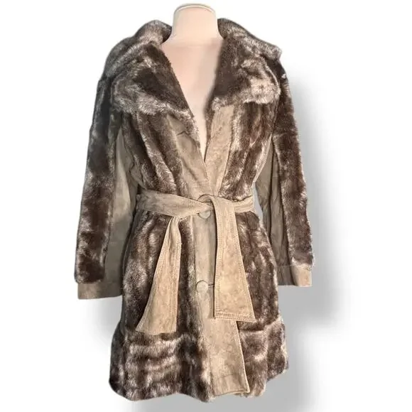 Vintage 70s Tocci England Faux Fur Suede Leather Belted Coat Burgundy Lined - Picture 2 of 16